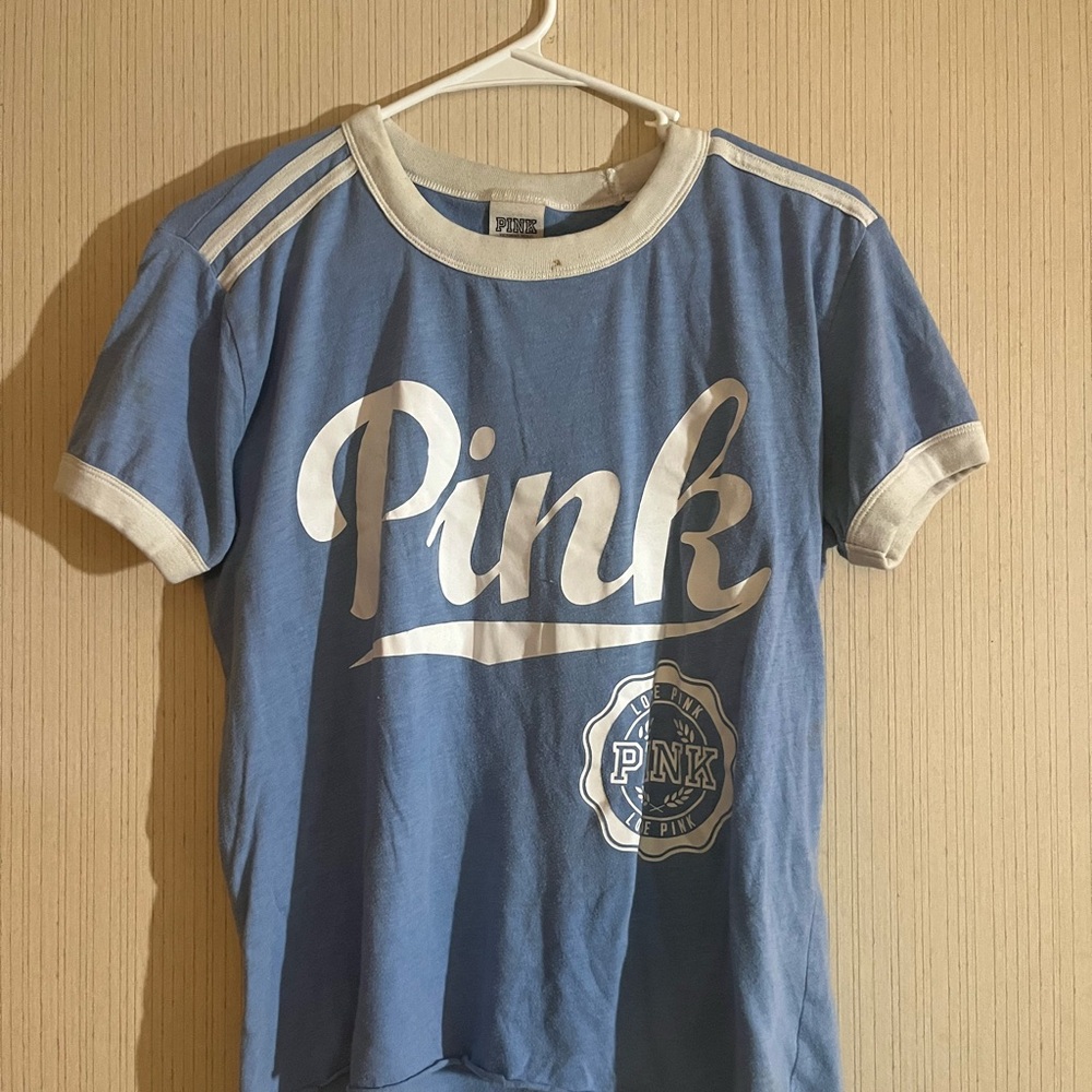 PINK Victoria's Secret Blue and Cream Kids Tee